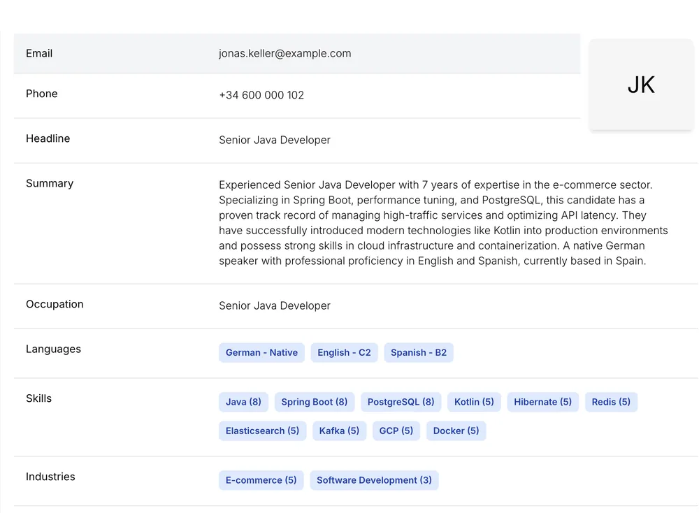 Candidate profile built by AI from a CV: summary, languages with levels, skills with years and industries