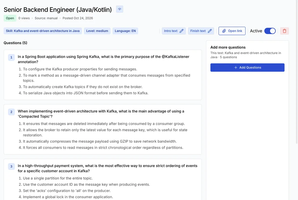 AI-generated multiple-choice skill test on Kafka and event-driven architecture